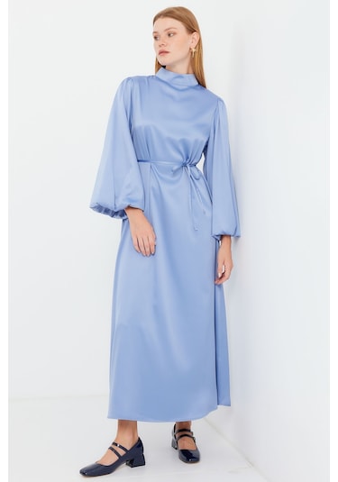 Bigdart 2510 Saten Tesettür Abiye Elbise - İndigo 001