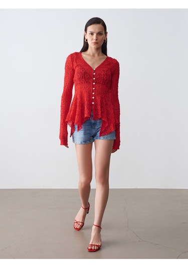 Dilvin 60433 Düğmeli Peplum Dantel Hırka-kırmızı