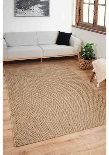 Sisaluna 4441 Bej Jüt Tabanlı Modern Dokuma Kilim Sisal Hasır Halı Bej