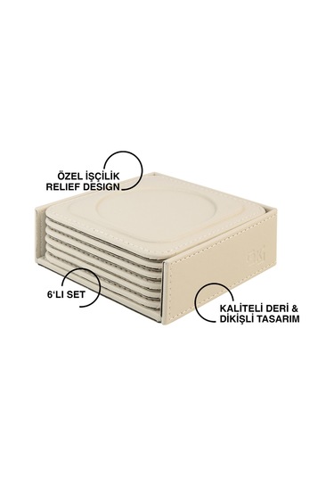 Bardak Altlığı,6 Lı Set,masaüstü Yuvarlak Cup Coaster,vegan Suni Deri,11x11 Cm.,bej Bej