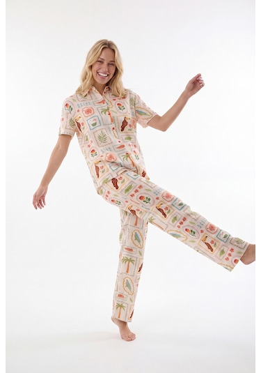 Nbb Kadın Sarı Seaside Önden Düğmeli Pijama Takım