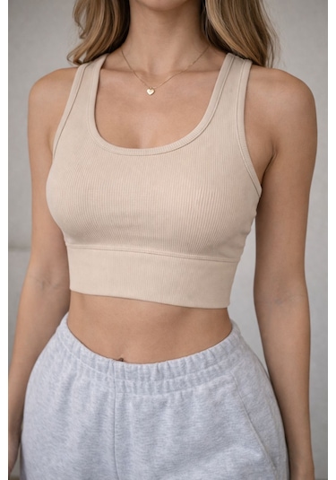 Enva Store Kadın Ribana Askılı Fitilli Crop Bej