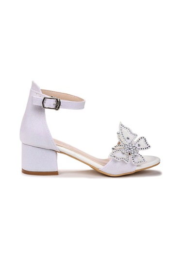 Kiko Kids Zete Kum Simli Kız Çocuk 4 Cm Topuklu Sandalet Abiye Ayakkabı Beyaz Beyaz