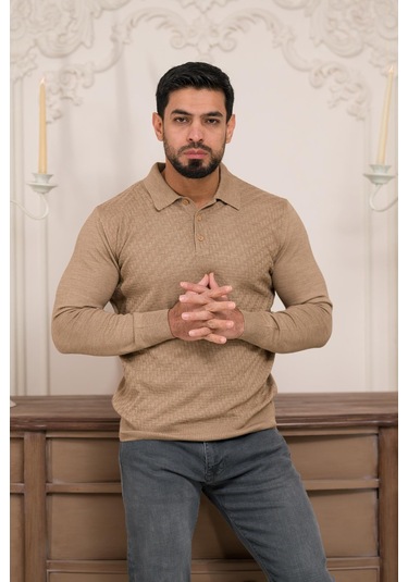 Woolen World Polo Yaka Slimfit Desenli Yünlü Erkek Triko Kazak Devetüyü