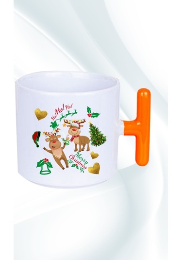 Yılbaşı Geyikli Kurabiye Baskılı T Saplı Kupa Bardak Porselen Çay Kahve Fincanı Turuncu