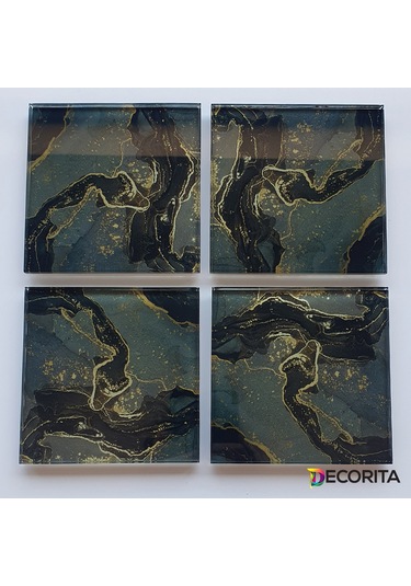 Decorita Cam Bardak Altlığı 4'lü Takım Kahverengi Simli 10 CM x 10 CM Kahverengi