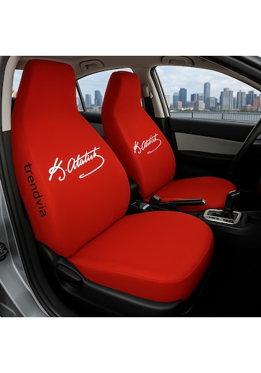 Atatürk İmzalı Kırmızı Servis Kılıfı Penye Oto Koltuk Kılıfı Yıkanabilir, Ön Arka Koltuk Kılıfı Seti