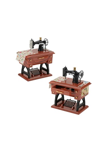 Reedark Retro Dikiş Makinesi Desenli Mini Müzik Kutusu - Çarklı Hareketli, Çekmeceden Müzik Çalar, Nostaljik Hediye Odun