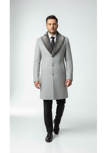 Plus Scorpion Erkek Uzun Kaşe Kaban Çıkartılabilir Kürk Yaka, Astarlı Ve Cepli Slim Fit Mont Bej, Gri, Siyah, Taba Gri