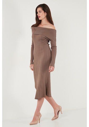 Lela Premium Fitilli Carmen Yaka Slim Fit Midi Boy Triko Bayan Elbise 680El00033 Vizon