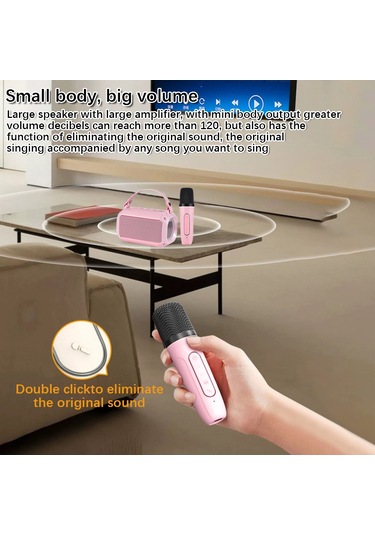 Reedark Pembe Ev Ktv Mikrofonlu Hoparlör Seti - Bluetooth 5.0, Çift Mikrofon, Renkli Işık, 20m Mesafe, 5w Güç, Type-c Şarj