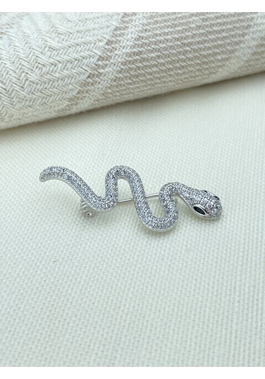 Kyver Yılan Model Full Zirkon Taşlı Broş Silver