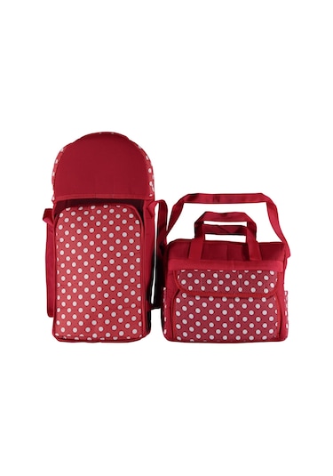 ŞMTSTYLE Bebek Bakım Çantası ve Portbebe, Kırmızı Puantiyeli İkili Taşıma Seti