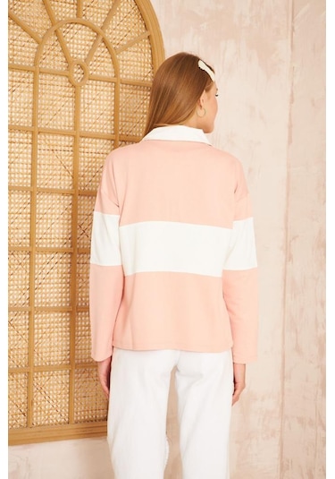 Kadın Uzun Kol Fermuarlı Polo Yaka Color Block Basic Salaş Sweatshirt Bluz 3471210 Pudra
