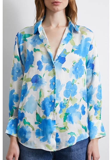 Çok Renkli Çiçek Desenli Gömlek Lacivert Lacivert