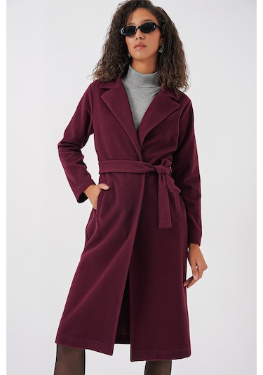 9118 Kruvaze Yaka Kaşe Kaban - Bordo Bordo