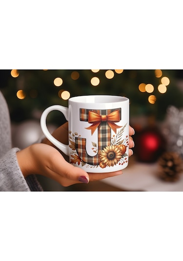 J Harfi Ekose Ve Sonbahar Temalı Kupa Bardak - Kişiye Özel Sıcak Tonlar Alfabe Kupa - Hediye Beyaz