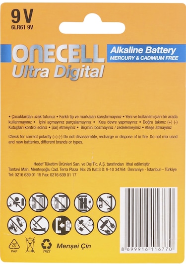 Onecell Ultra Dijital Alkalin 9V Pil