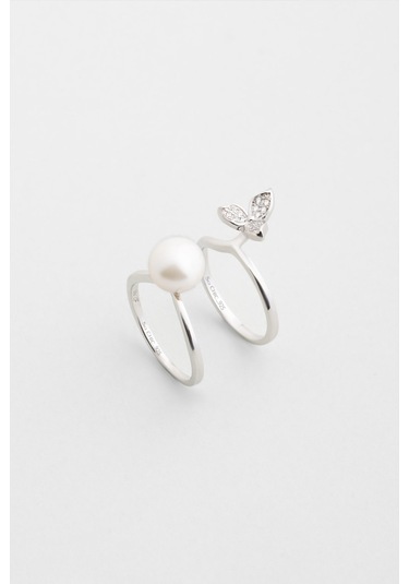 İnci Yaprağı 18 Ayar Beyaz Altın Kaplama Gümüş İkili Yüzük Beyaz