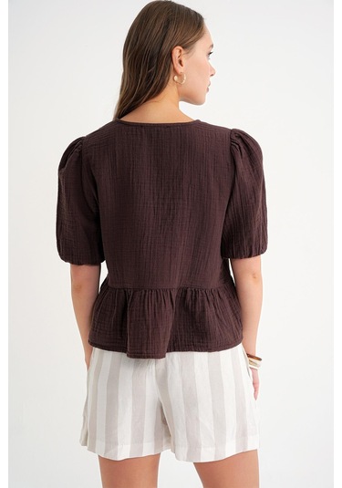 4713 Kadın Beli Büzgülü Kolu Lastikli Bol Müslin Bluz Kahve Kahve