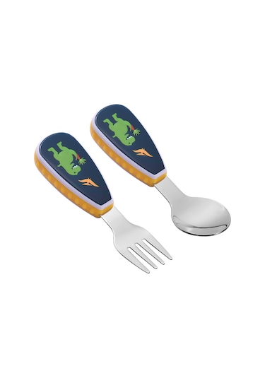 Moveevo 12+ Ay Bebekler İçin Çelik Çatal Kaşık Seti, Dinozor Desenli, Pp Kollü, Saklama Kutusuyla Çok Renkli
