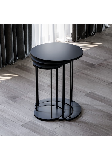 Alpa Ev Mobilya Ay 3 Lü Yuvarlak Zigon Sehpa Seti, Modern Metal Ayaklı C Model Şık Yan Sehpa Antrasit