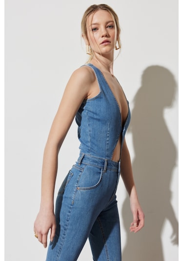 Regular Fit Normal Kesim Normal Bel Geniş Paça Kolsuz Açık Mavi Esnek Jean Tulum Açık Mavi