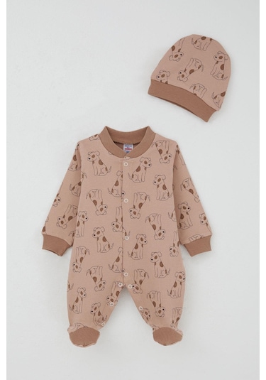 Breeze Erkek Bebek Patikli Tulum Sevimli Köpekçik Desenli 0-6 Ay, Açık Kahverengi Açık Kahverengi