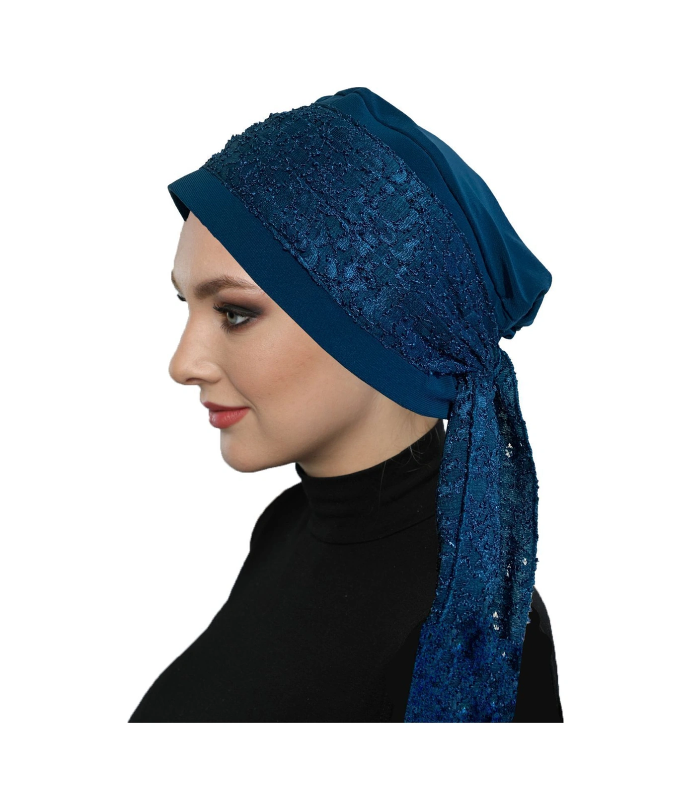 Dantel Bandana Petrol Hazır Türban Tesettür Bone Petrol