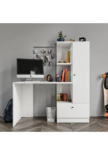 Merlin Mobilya Minör Çalışma Masası Ve 7 Bölmeli Kitaplık Beyaz