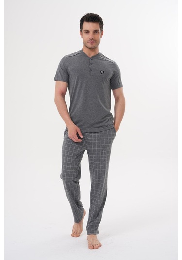 Mecit 2981 Füme Büyük Beden Kısa Kollu Erkek Pijama Takımı Füme