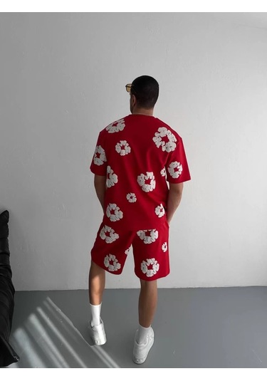 İki İplik Kumaş Baskılı T-shirt Şortlu Takım- Kırmızı Kırmızı
