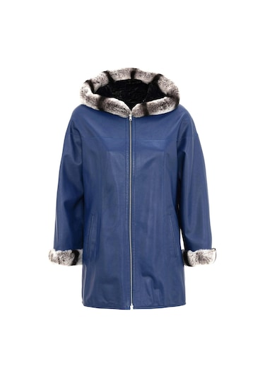 Mavi Perla Geniş Kesim İçi Kumaş Çift Taraflı Kapüşon Ve Kol Ağzı Kürklü Kadın Hakiki Deri Kaban-mavi Mavi