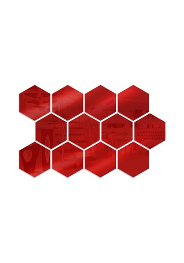 Mufunye Kırmızı Akrilik Hexagon Yansıtmali Duvar Sticker Seti 12 Adet - 20x17x10cm, Çocuk Odası/banyo Dekorasyonu, Dıy Desenler, Kolay Kurulum Kırmızı
