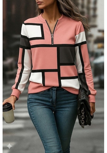 Kadın Uzun Kollu Yakadan Fermuarlı Desenli Şardonlu Dalgıç Bluz Çok Renkli Çok Renkli