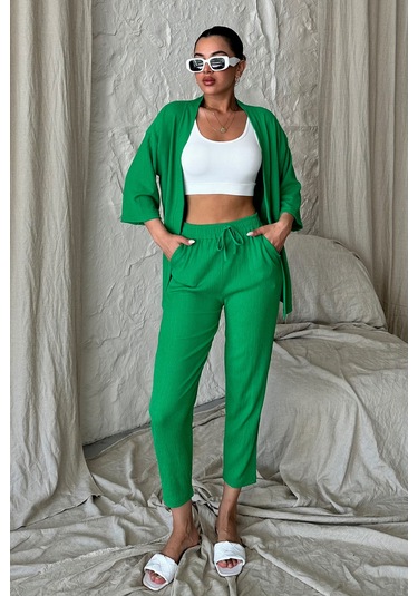 Modagen Kadın Yeşil Kimono Alt Üst Havuç Pantolon Takım Yeşil