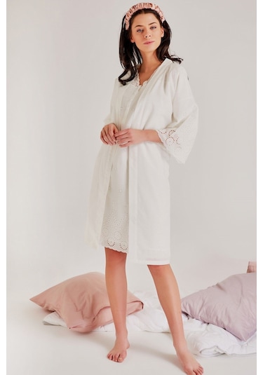 Magic Form 36110 Brodeli Kısa Kollu Pamuklu Sabahlıklı Hamile Lohusa Gecelik Takımı Ekru
