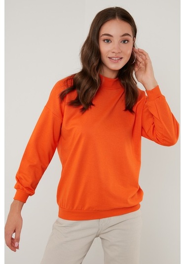 Lela Pamuklu Dik Yaka Basic Örme Bayan Sweat 5863323 Oranj