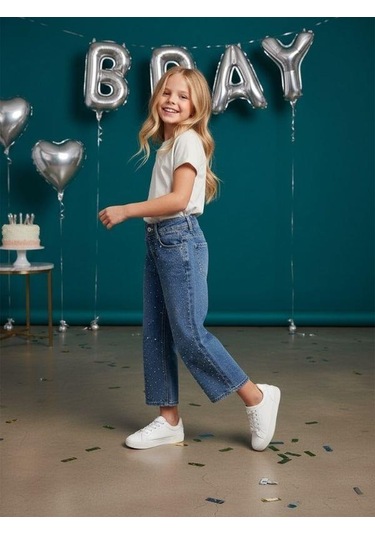 Zekids Kız Çocuk Taş İşlemeli Geniş Paçalı Mavi Kot Pantolon-16613 Mavi