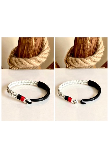 %100 Deri&krom Kombin Erkek Bileklik Net 22cm Türk El Üretimi Siyah - Beyaz