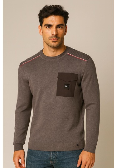 Erkek Triko Bisiklet Yaka Cep Detaylı Gri 3753 Gri