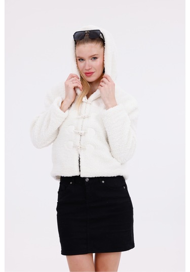 Kapüşonlu Düğmeli Peluş Mont - Kadın Beyaz