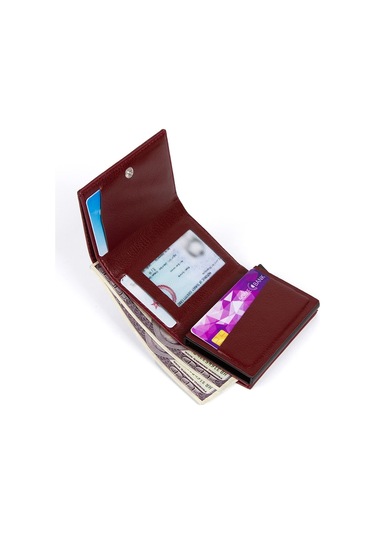Tuldar Erkek Rfıd Otomatik Çekim Koruyucu Mekanizmalı Kağıt Para Bölmeli Hediyelik Kartlık Cüzdan Tul605 - Bordo