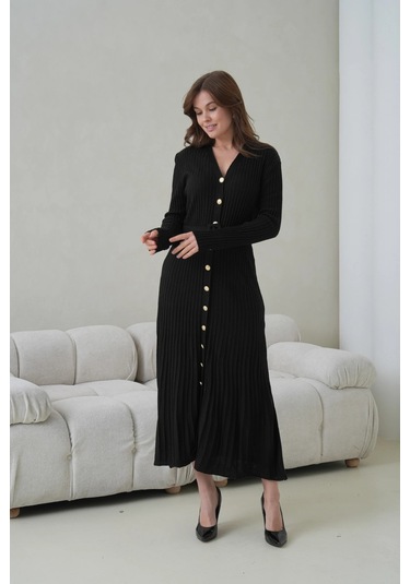 Kadın V Yaka Ful Düğme Kapama Kemer Detay Maksi Boy Fitilli Triko Elbise Siyah