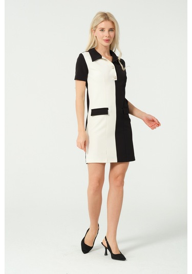 Polo Yaka Mini Elbise Siyah Beyaz