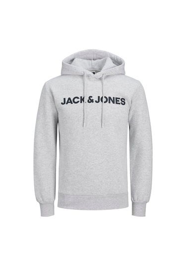 Jack & Jones Erkek Logo Baskili Kapüsonlu Sweatshirt - Deldrick 12193083 White Melange Siyah