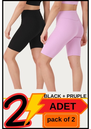 Kadın Yüksek Bel Toparlayıcı Kısa Siyah & Lila Şort Tayt 2'li Paket Lycralı Biker Shorts 21070 Siyah - Lila