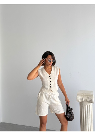 Kadın Keten Yelek Şort Alt Üst Takım Krem