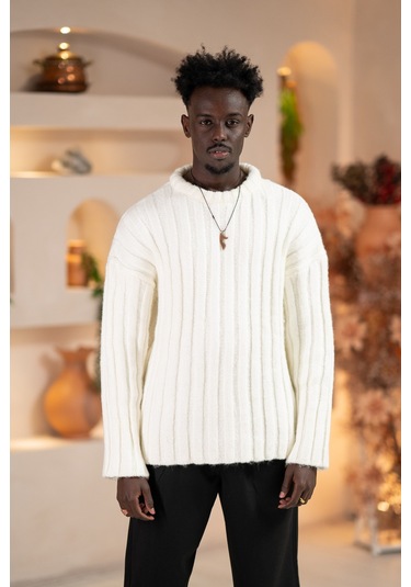 Oversize Kendinden Çizgili Pamuklu Kalın Triko Spor Kazak Beyaz