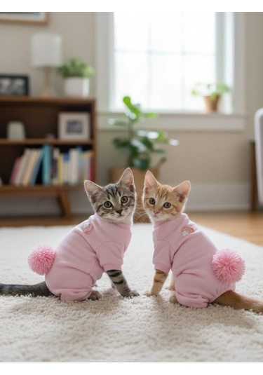 Tassel And Rainbow Soft Pink - Pastel Pembe Pamuklu Kedi Tulum Pijama